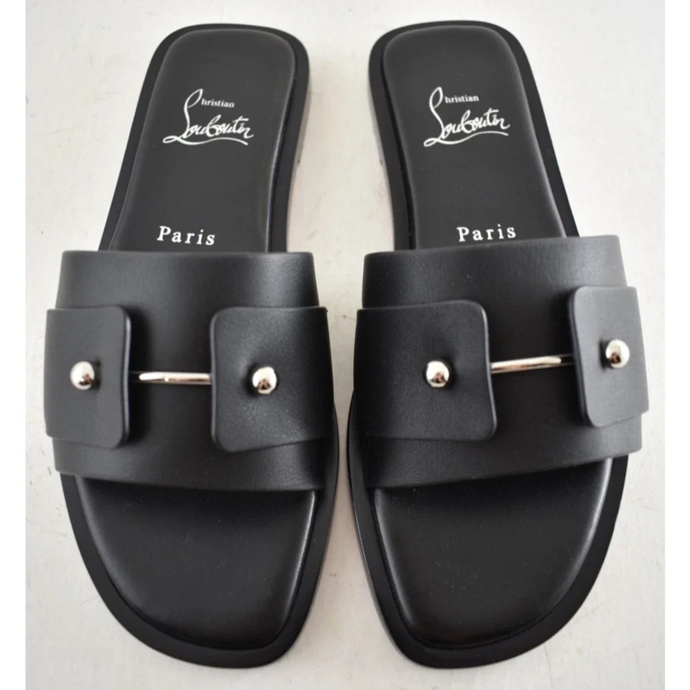 Christian Louboutin Chambelimule Donna Flat Black Calf Leather Slide Sandal 35